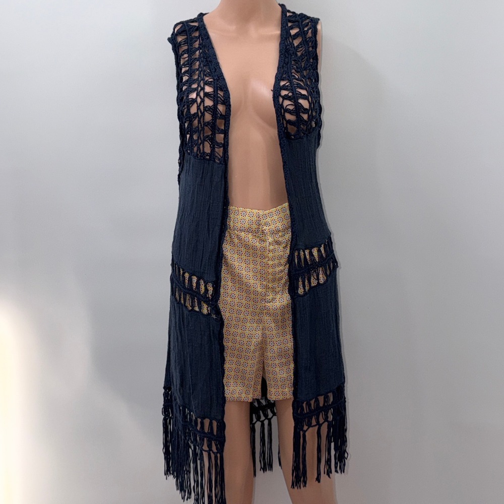 Say What? OS Navy Blue Crochet Lace Long Fringe Vest Boho Hippie Festival Beach